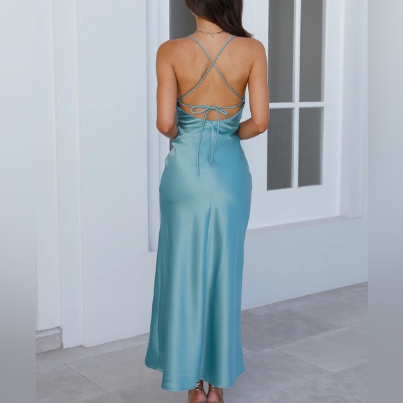 SATIN MIDI DRESS TEAL - Picture 3 of 4